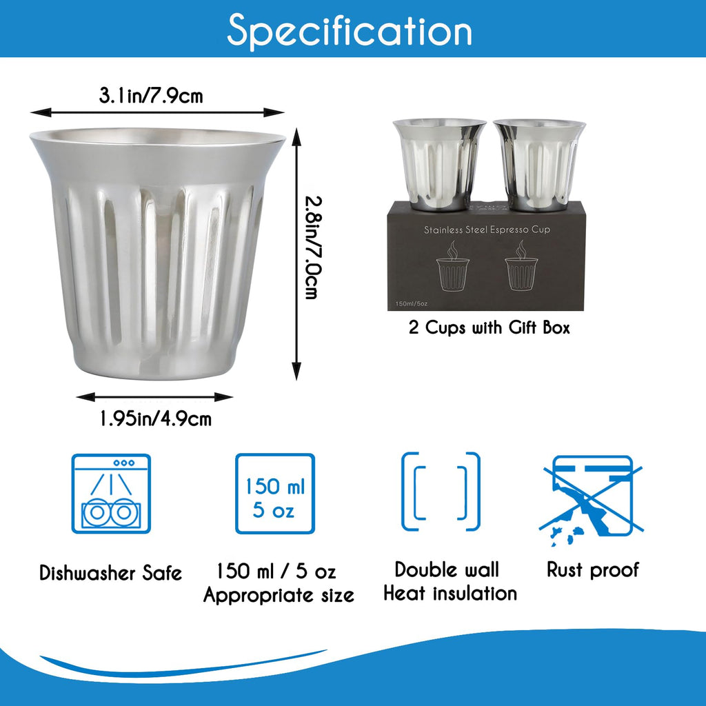 French Press 12 oz, Stainless Steel Espresso Cups 5 oz Set of 2 G805