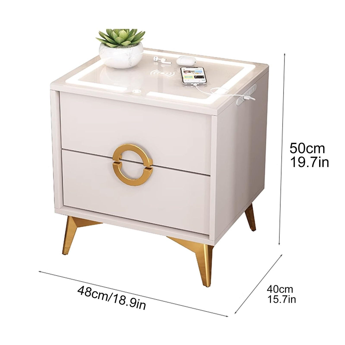 Smart Nightstand with Wireless Charging Station and 3 Colors Led Lights Y5256