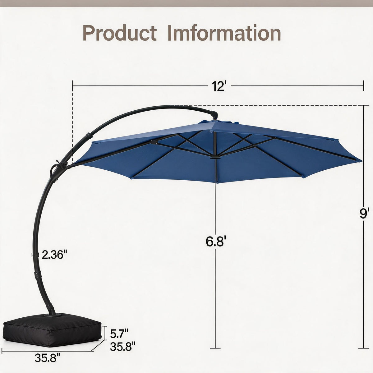 12FT Curvy Cantilever Patio Umbrella with Base O74597