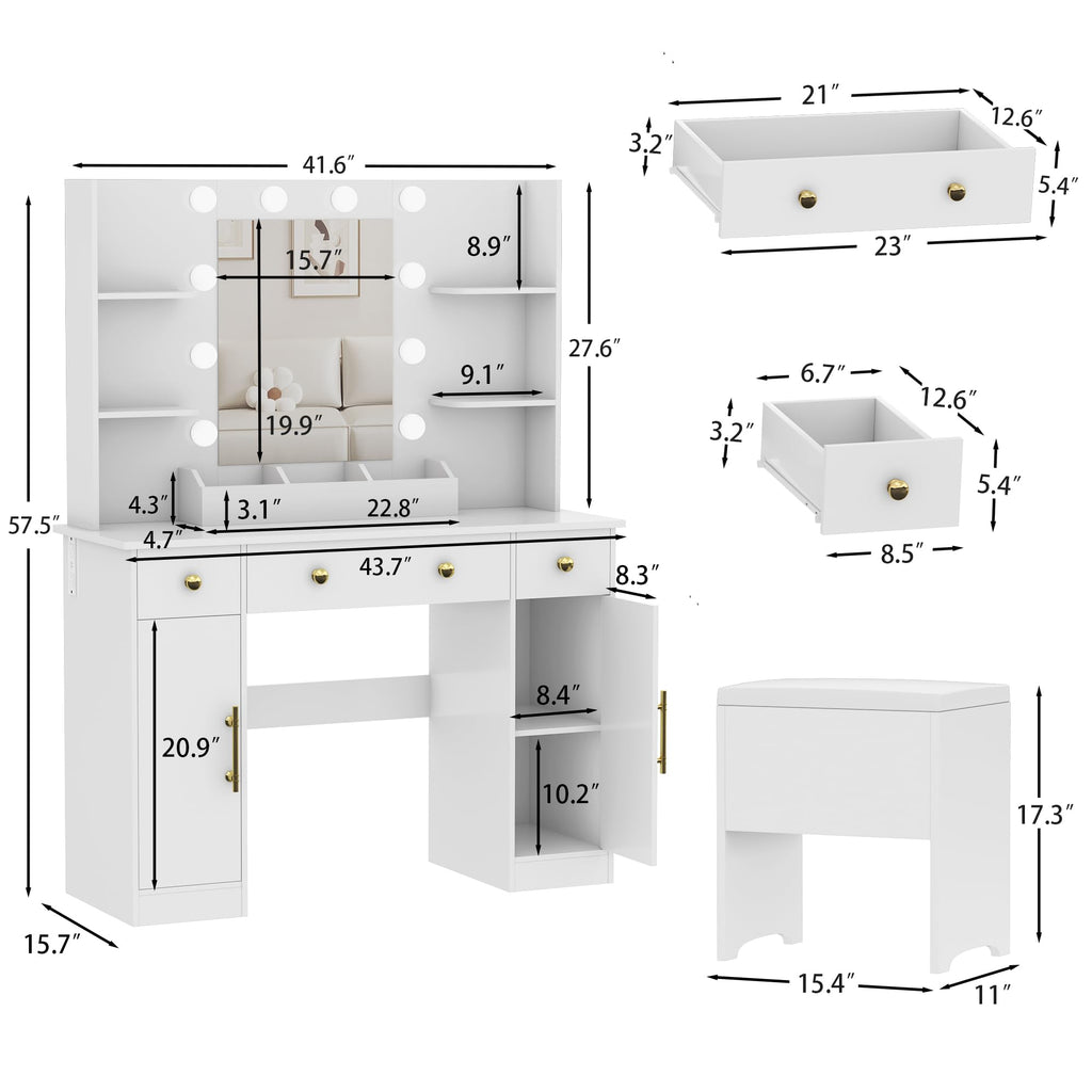 White Vanity Desk with Mirror and Lights, Charging Station, Stool, 3 Drawers and Cabinets J243