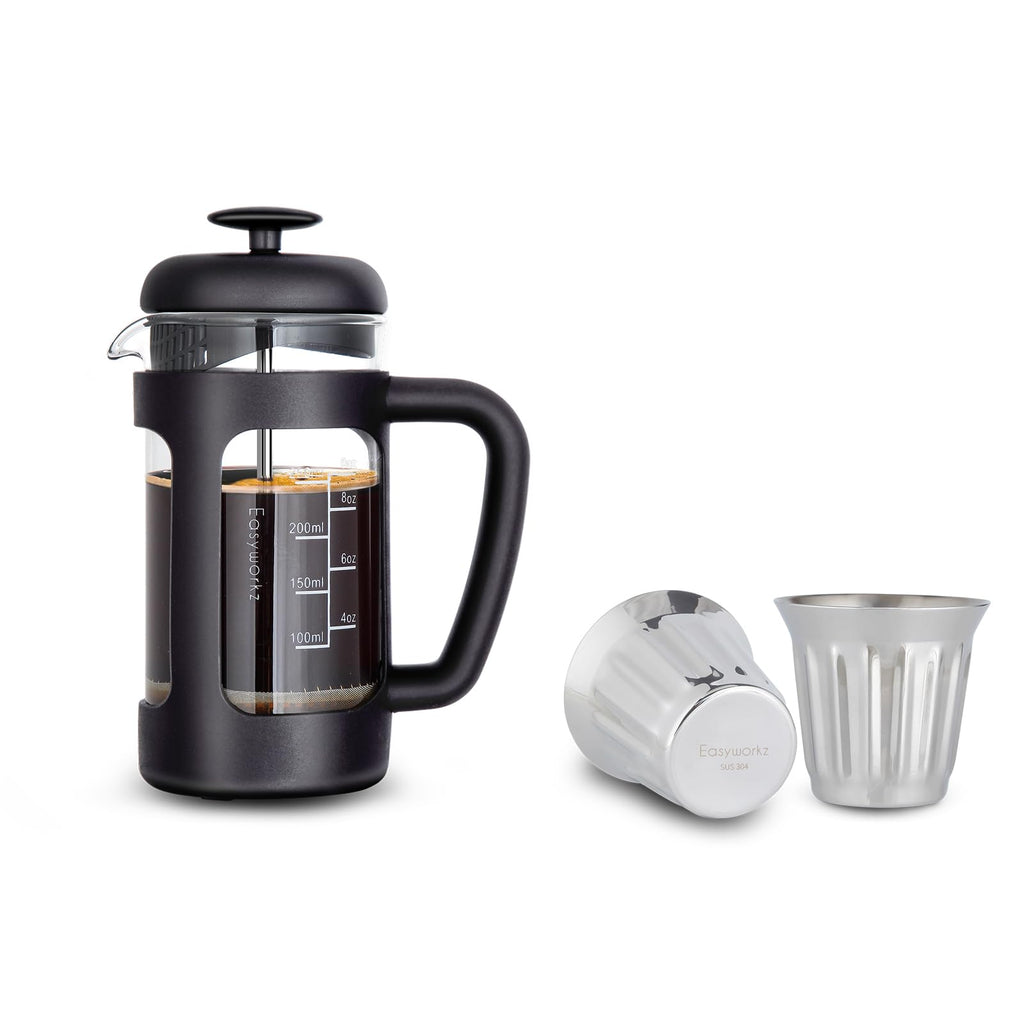 French Press 12 oz, Stainless Steel Espresso Cups 5 oz Set of 2 G805