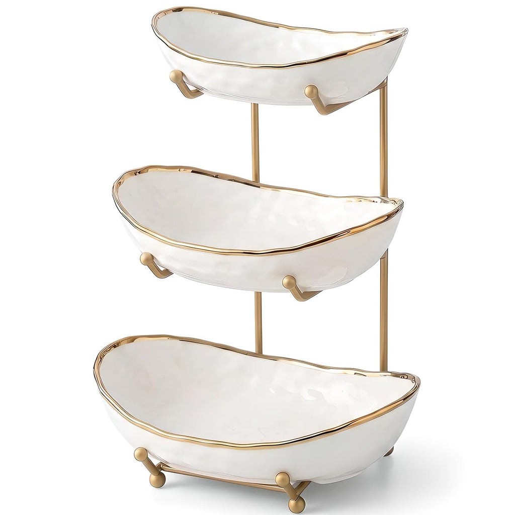 White 3 Tier Ceramic Fruit Bowl with Metal Holder J1127