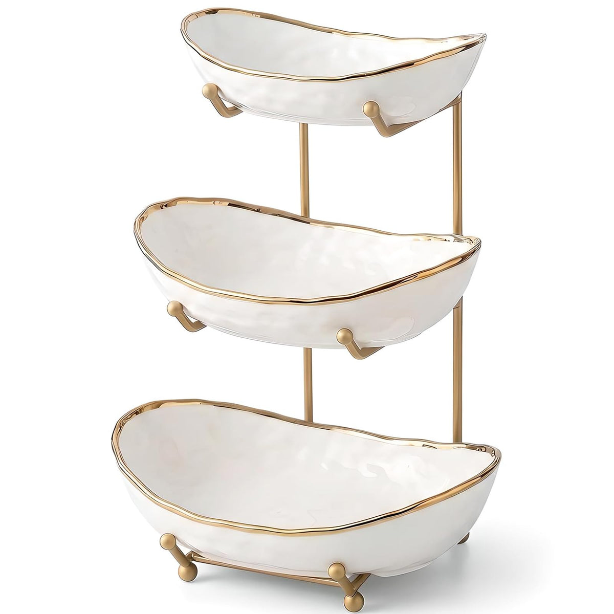 White 3 Tier Ceramic Fruit Bowl with Metal Holder J1127
