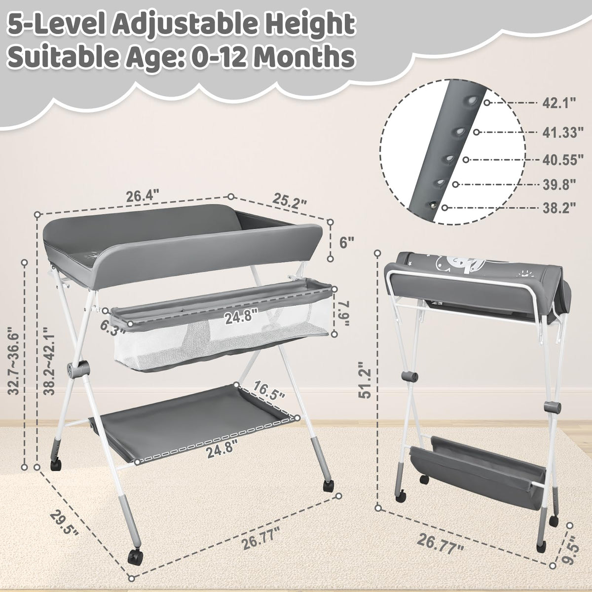 Portable Folding Baby Changing Table with Wheels C610298