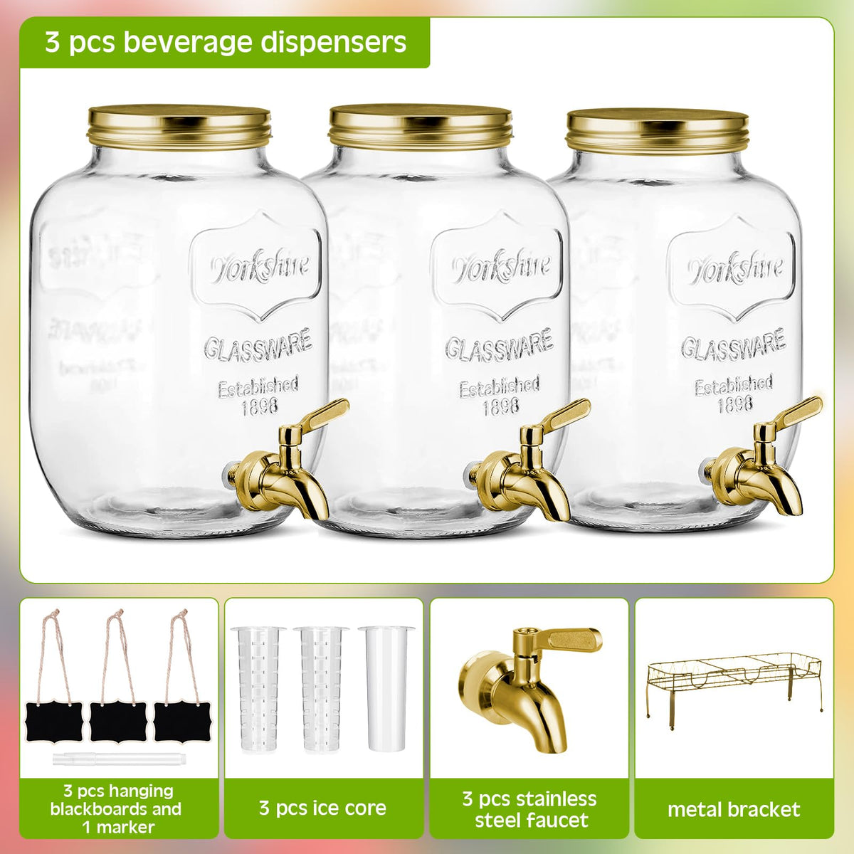 3 Pcs 2.5 Gallon Glass Beverage Dispensers with Stand Y2293