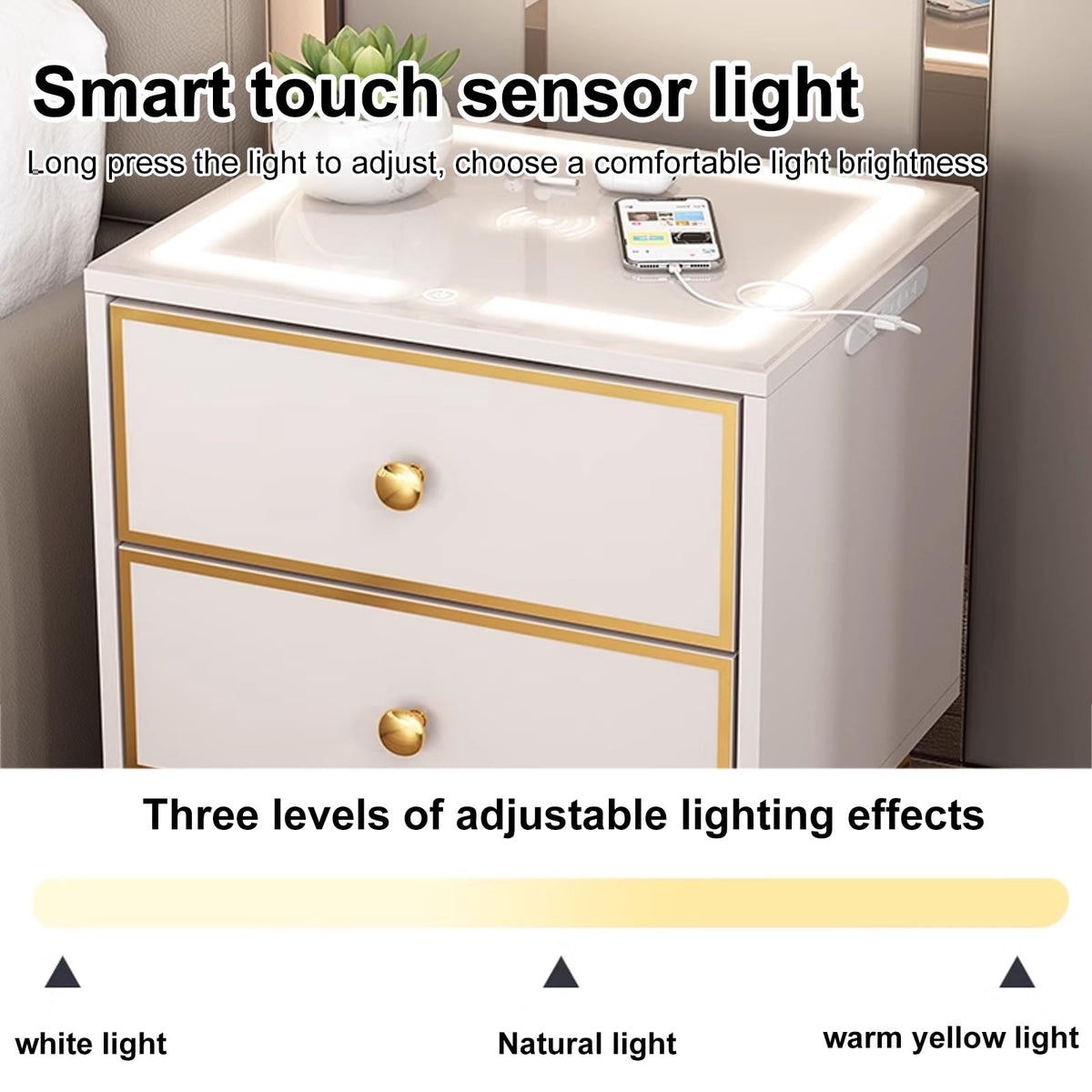 Smart Nightstand with Wireless Charging Station and 3 Colors Led Lights Y5256