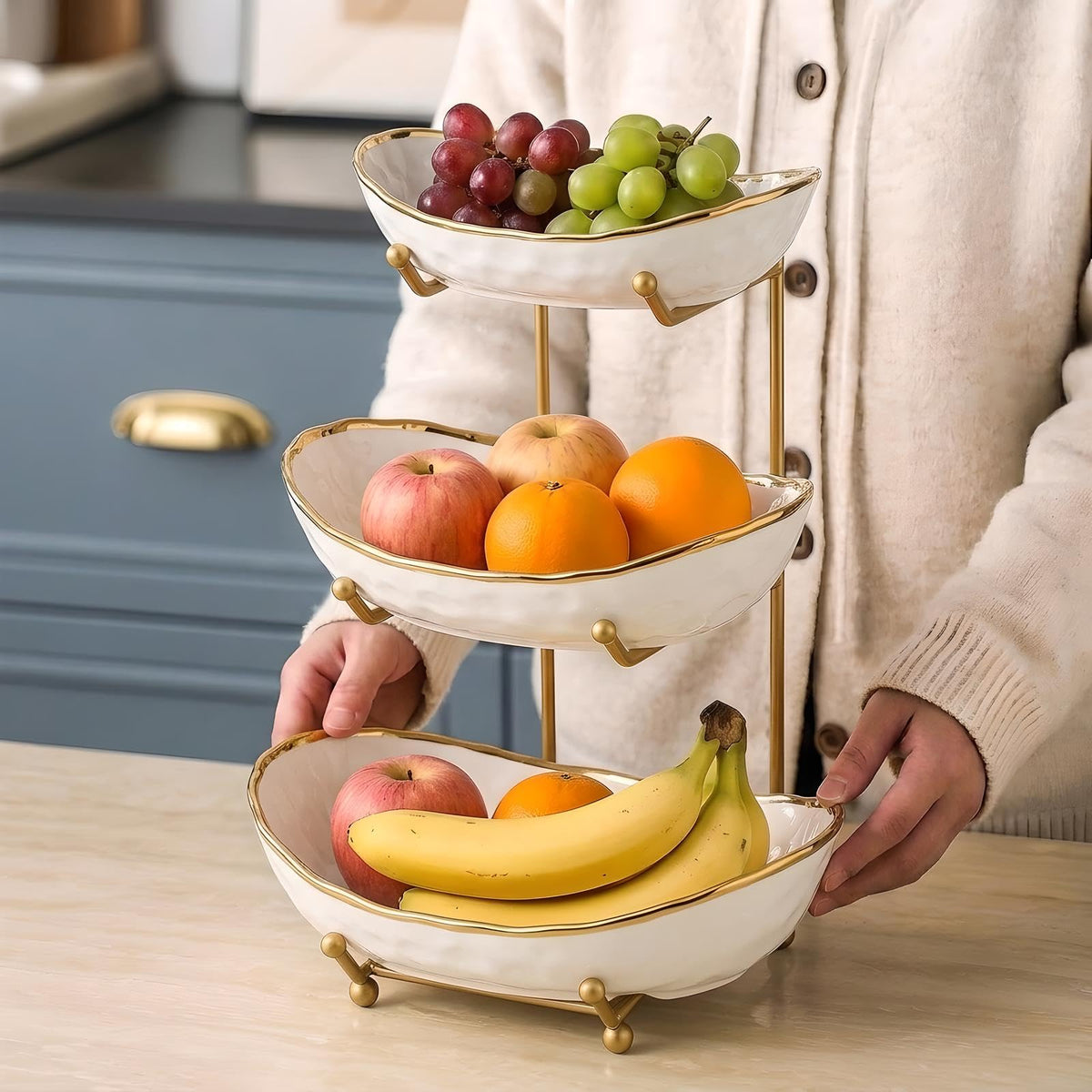 White 3 Tier Ceramic Fruit Bowl with Metal Holder J1127