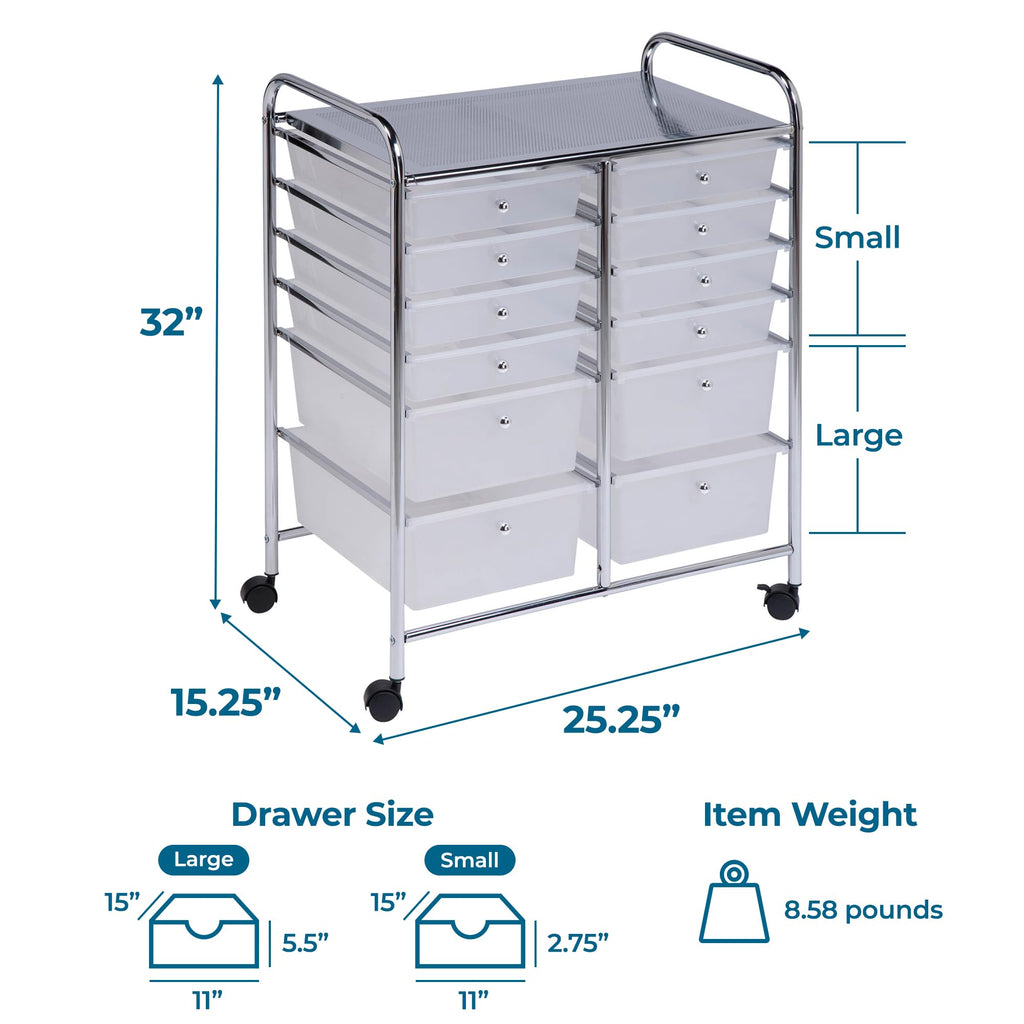 Rolling Craft Storage Cart, Clear, 12-Drawer T96572