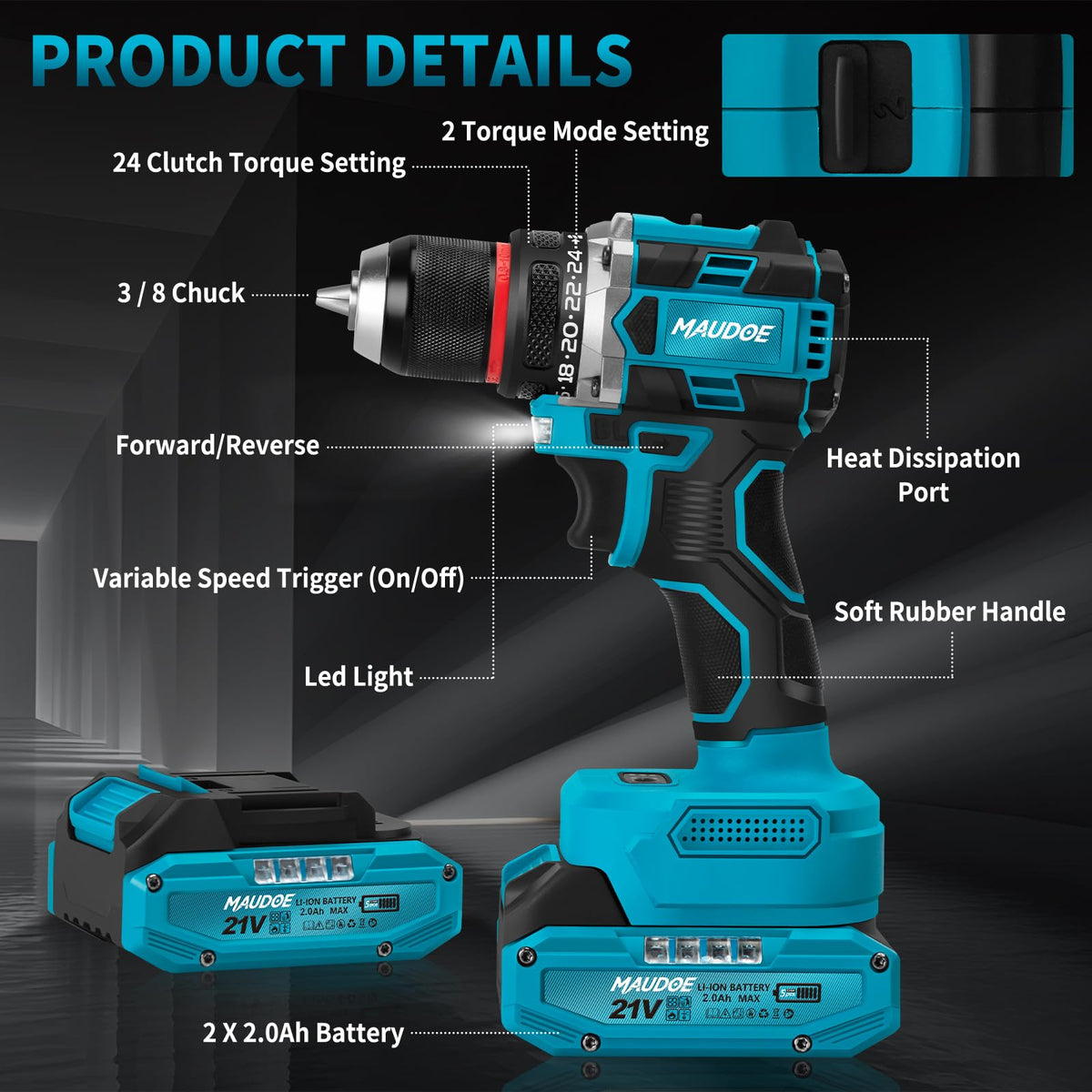 21V Brushless Cordless Drill with 2 Batteries & Charger V6460
