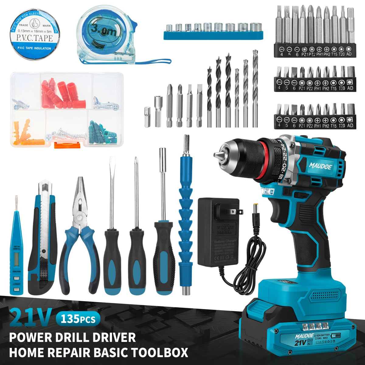 21V Brushless Cordless Drill with 2 Batteries & Charger V6460