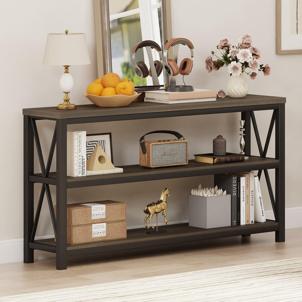55 Inch Walnut Brown Wood and Metal Console Table with 3 Tier Shelves S952920