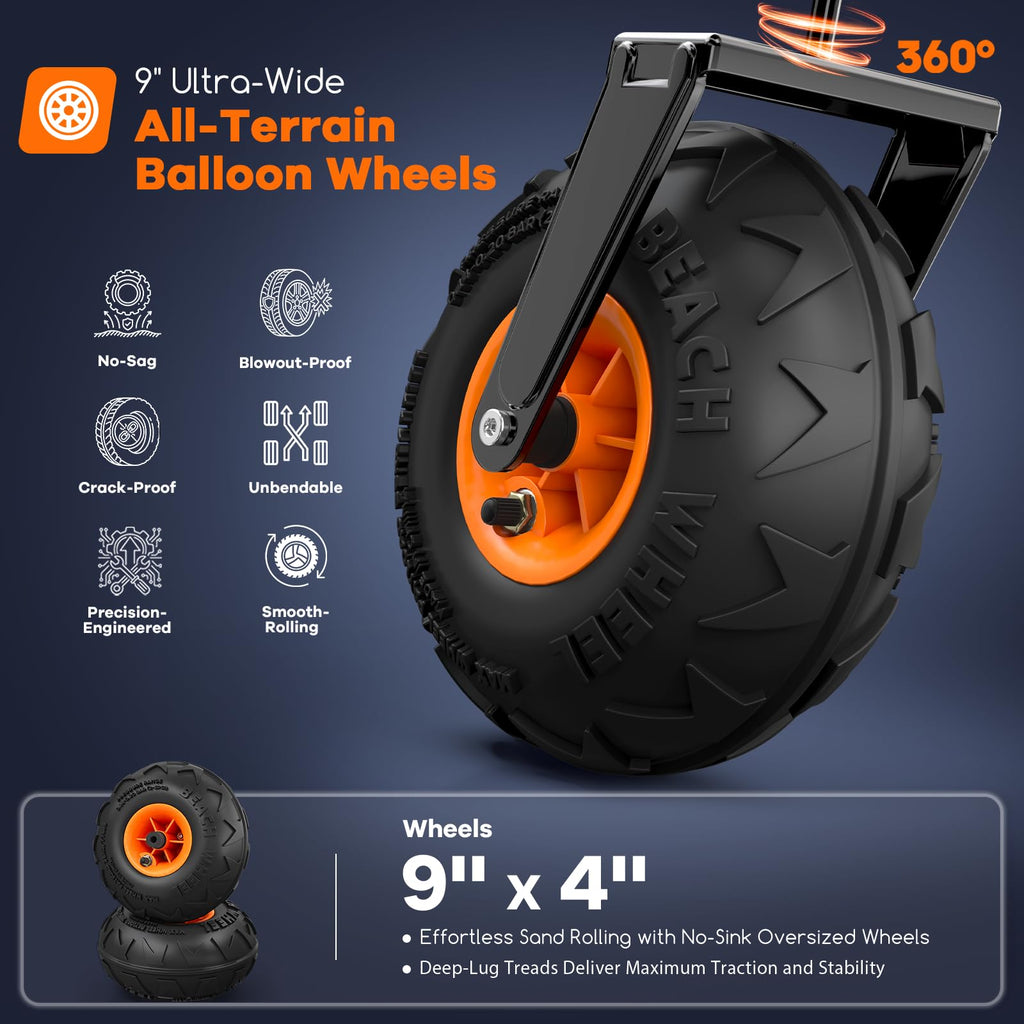 Foldable Beach Wagon with Big Balloon Wheels, 560lbs, Black G582