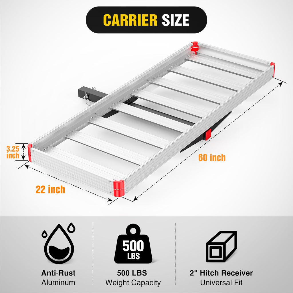 Aluminum Hitch Cargo Carrier 60" x 22" x 3.25" 500 lbs Cargo Basket for 2" Receiver E167016