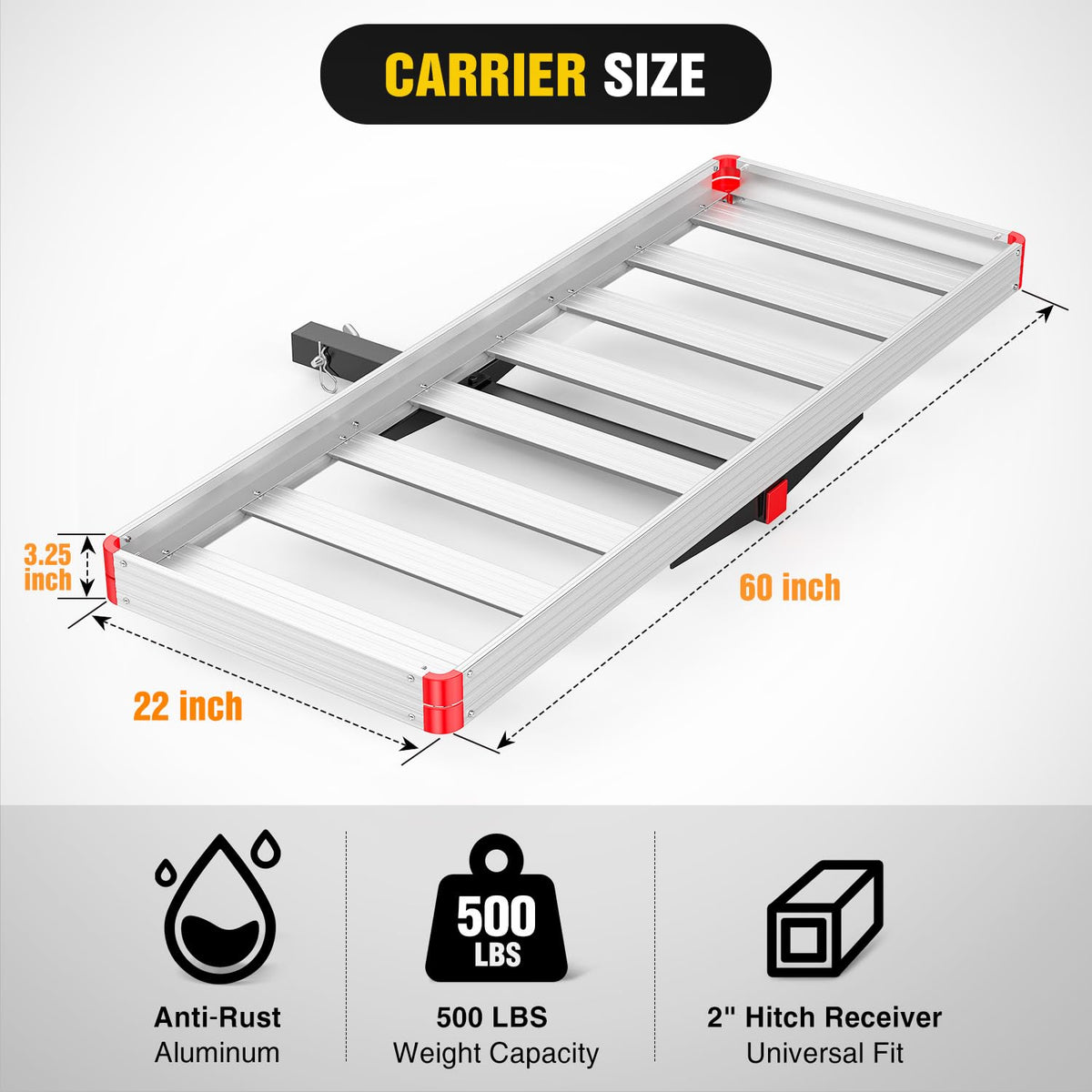 Aluminum Hitch Cargo Carrier 60" x 22" x 3.25" 500 lbs Cargo Basket for 2" Receiver E167016