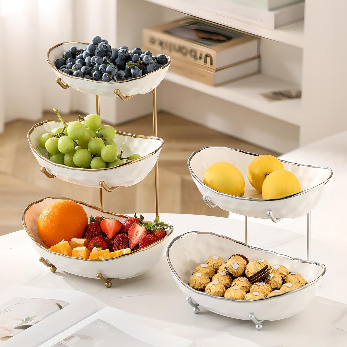 White 3 Tier Ceramic Fruit Bowl with Metal Holder J1127