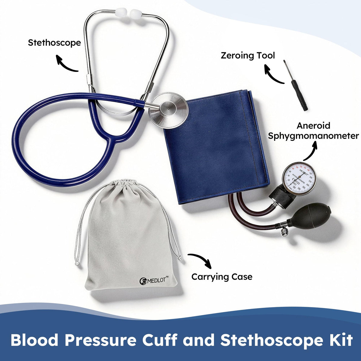 Blood Pressure Cuff and Stethoscope Kit with D-Ring, Standard Adult Size, Navy E974