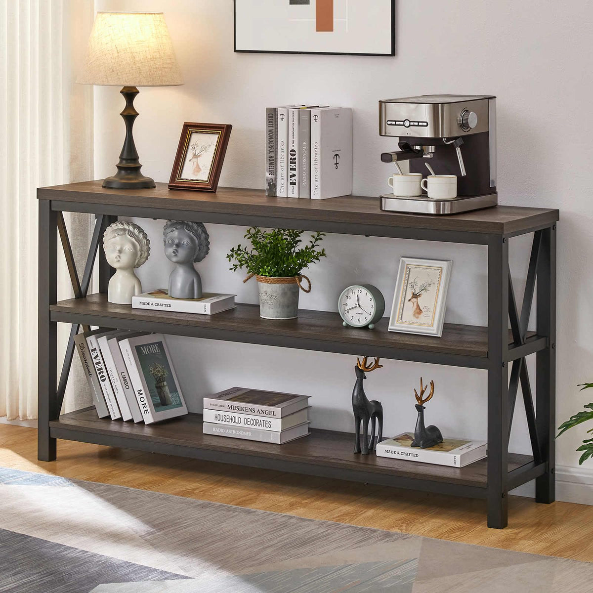 55 Inch Walnut Brown Wood and Metal Console Table with 3 Tier Shelves S952920