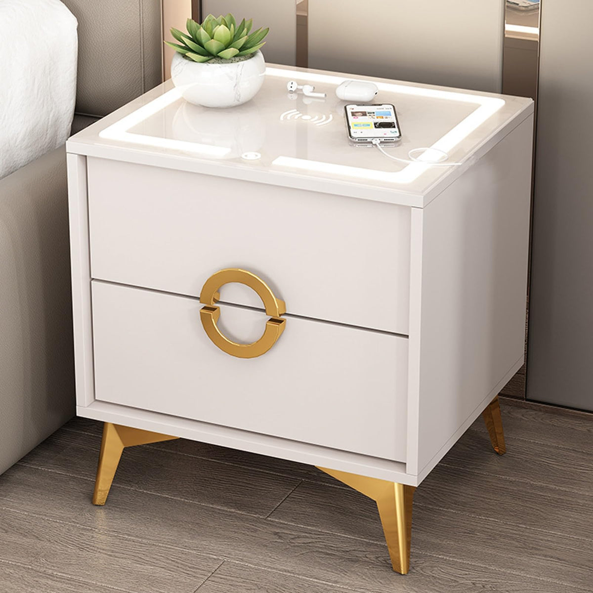 Smart Nightstand with Wireless Charging Station and 3 Colors Led Lights Y5256
