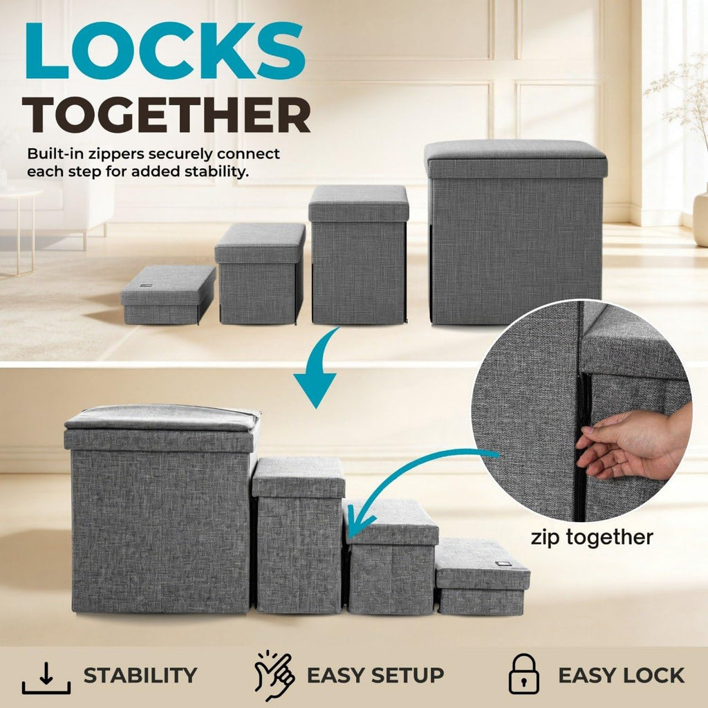 Foldable Grey 4 Steps Dog Stairs with Cushion E517548