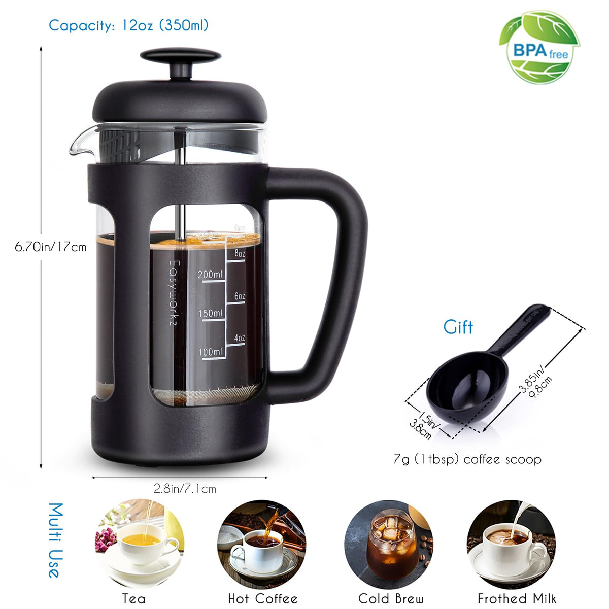 French Press 12 oz, Stainless Steel Espresso Cups 5 oz Set of 2 G805