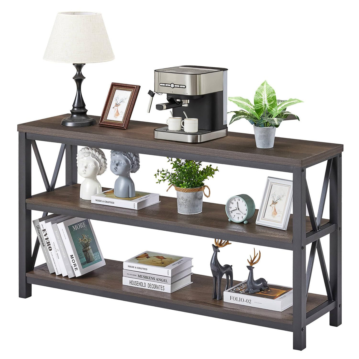 55 Inch Walnut Brown Wood and Metal Console Table with 3 Tier Shelves S952920