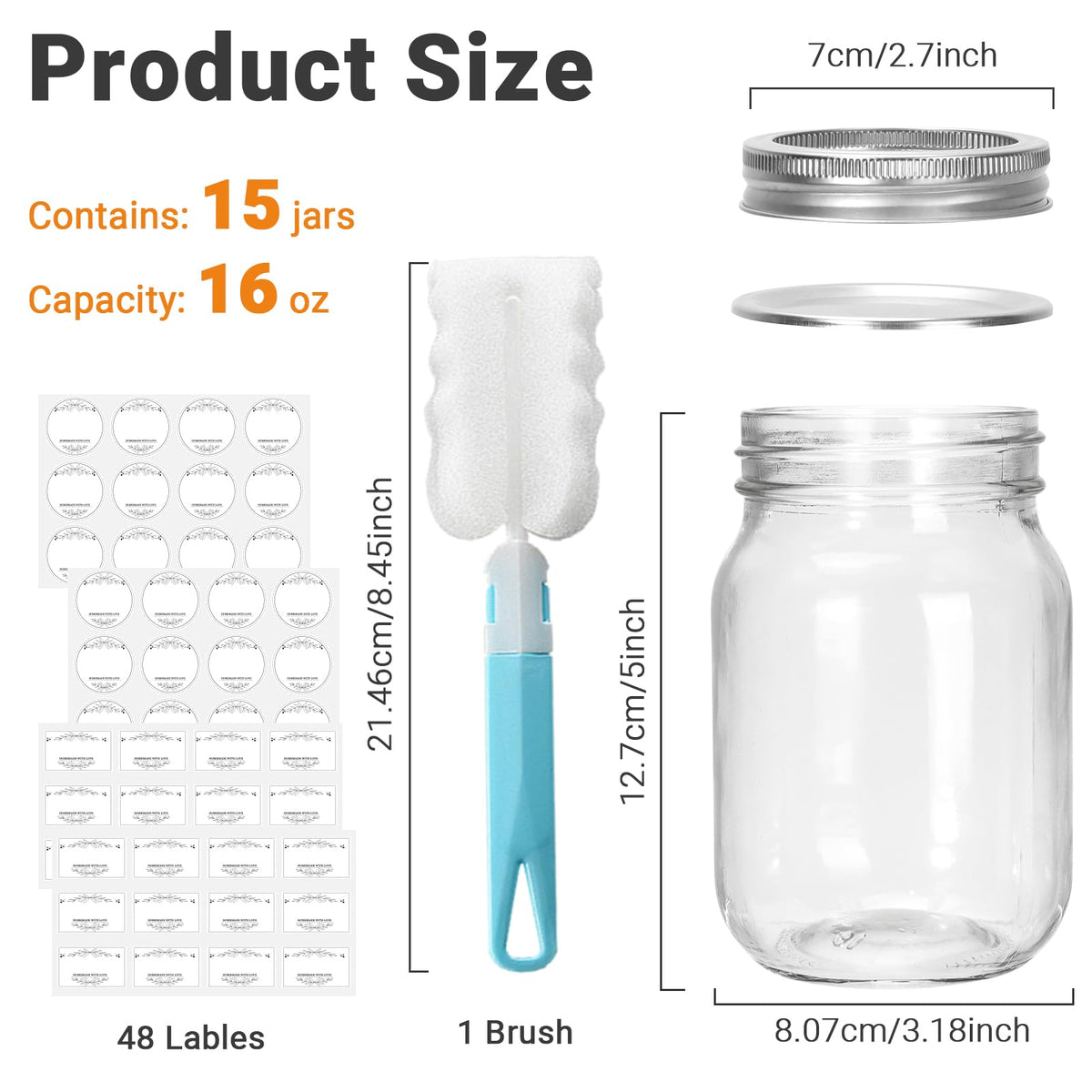 16 oz Clear Glass Mason Jars with Lids, 15 Pack F832