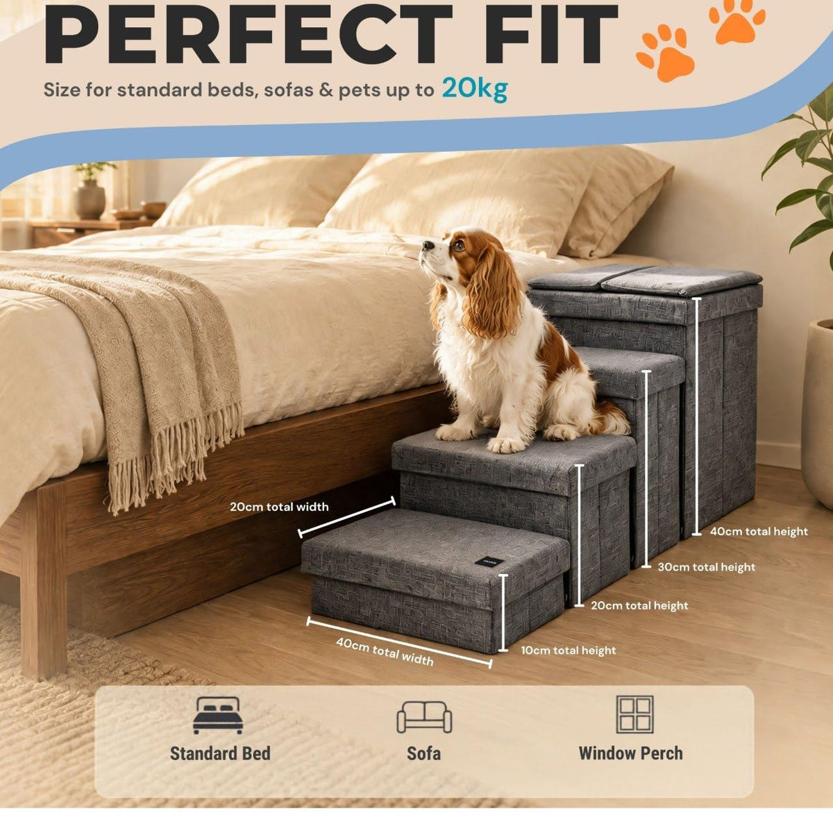 Foldable Grey 4 Steps Dog Stairs with Cushion E517548