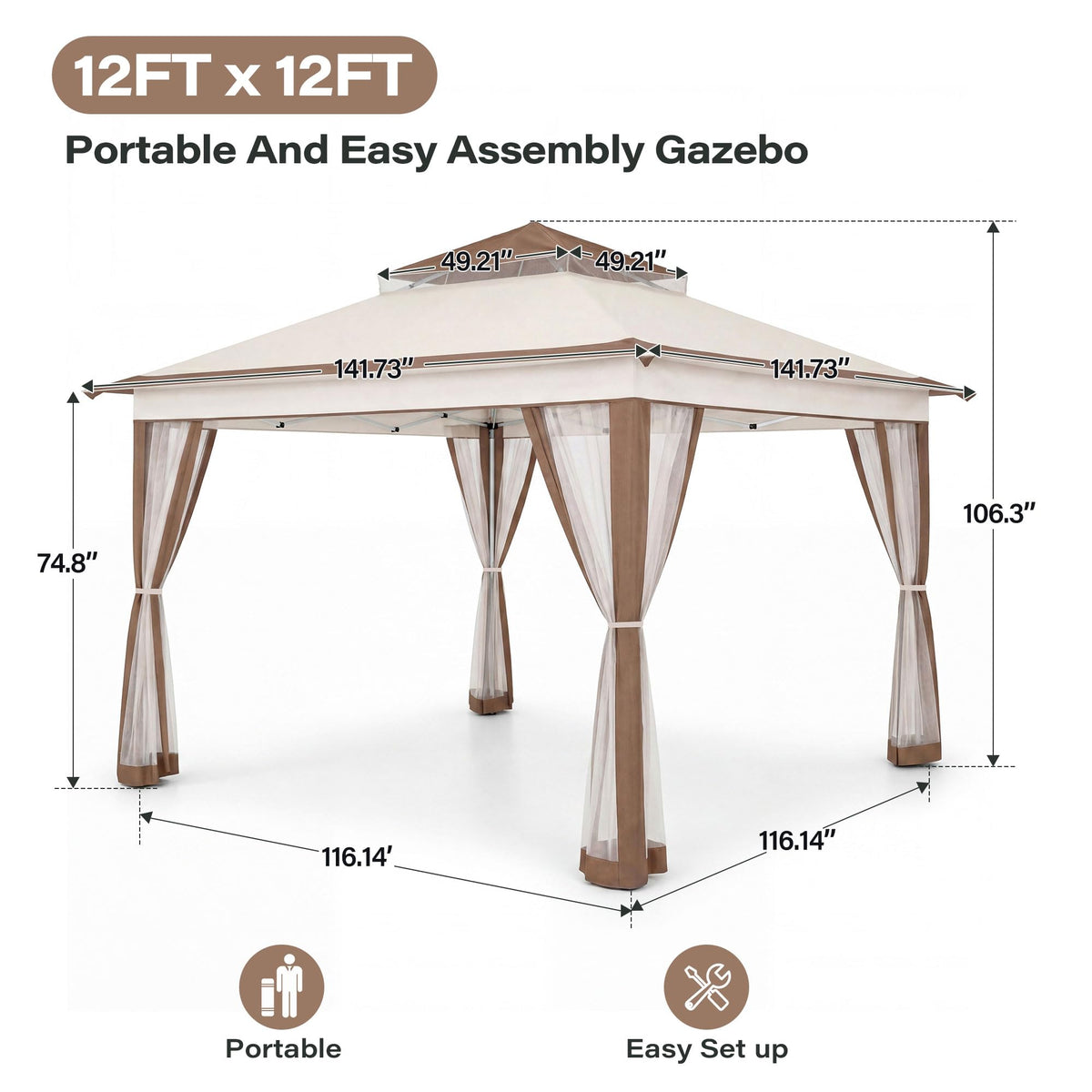 12x12 Pop Up Gazebo Canopy Tent with Mosquito Netting, Khaki U72393