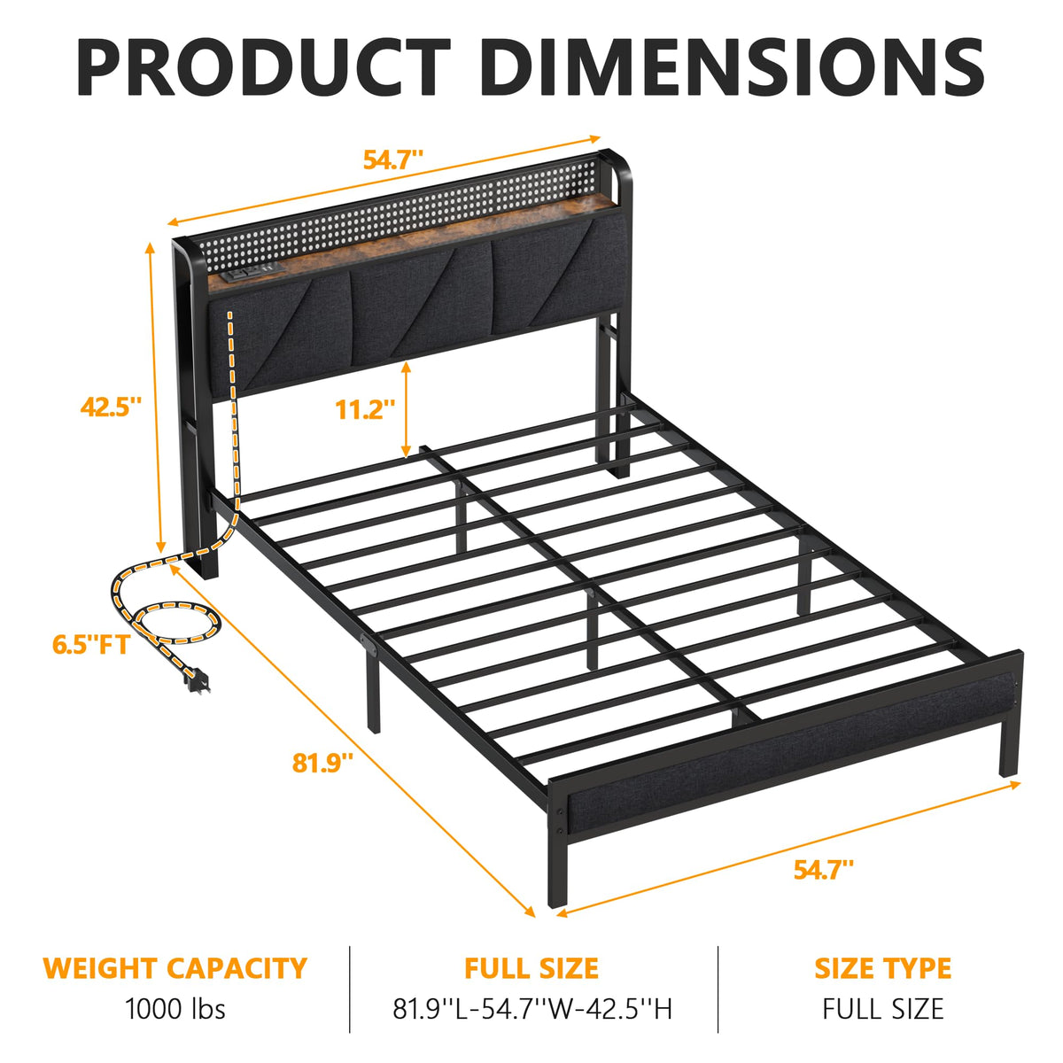 Full Size Bed Frame with Storage Shelf and Upholstered Headboard V111