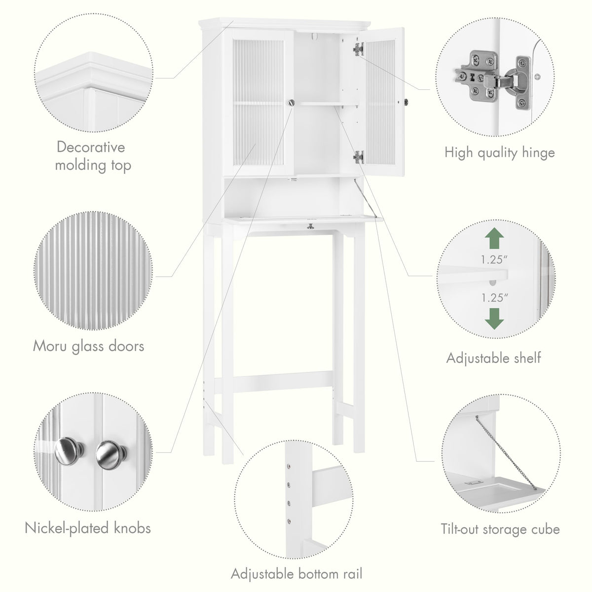 Over the Toilet Storage Cabinet with Glass Doors, White I1476