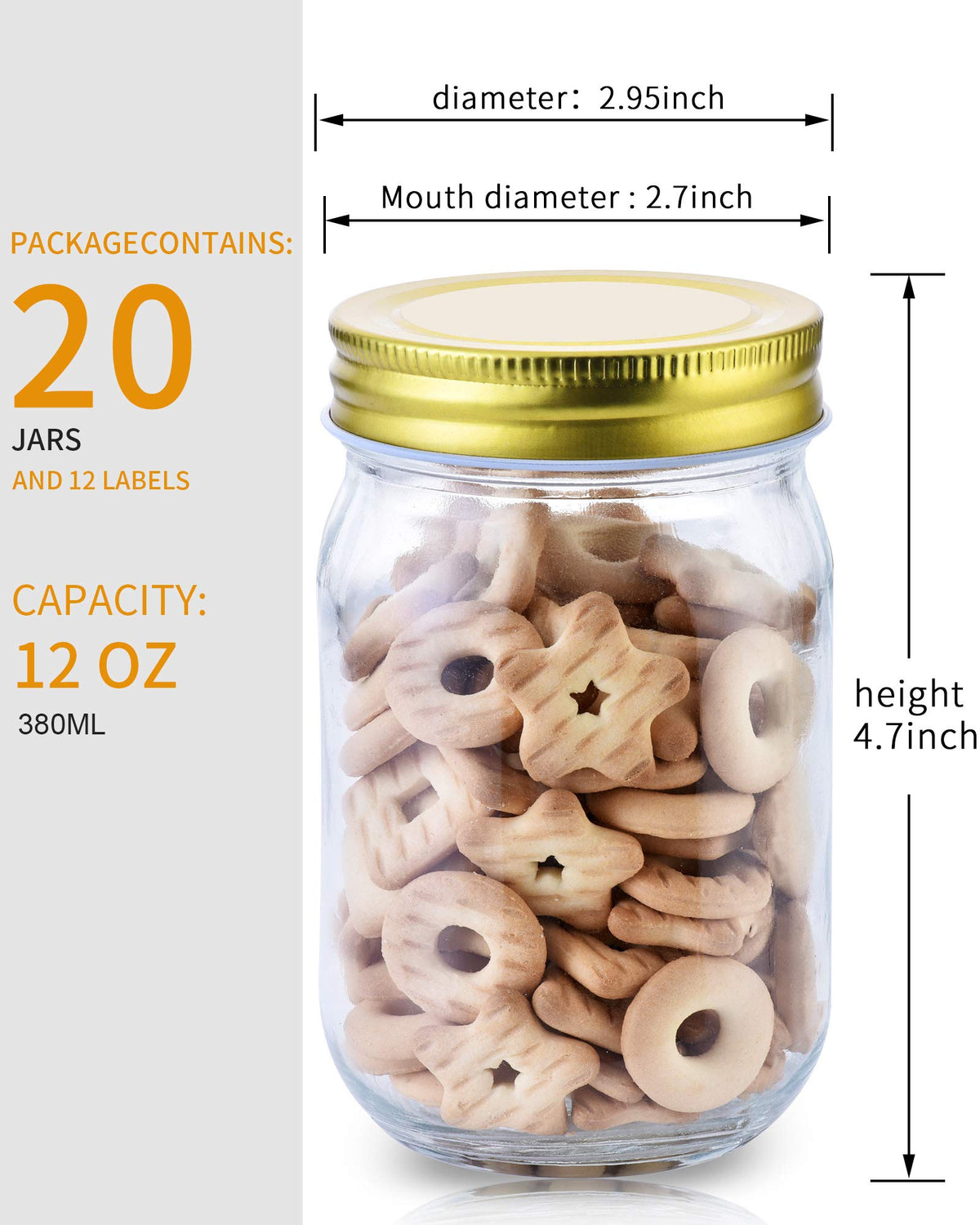 12oz Glass Mason Jars with Lids 20 Pack I61772