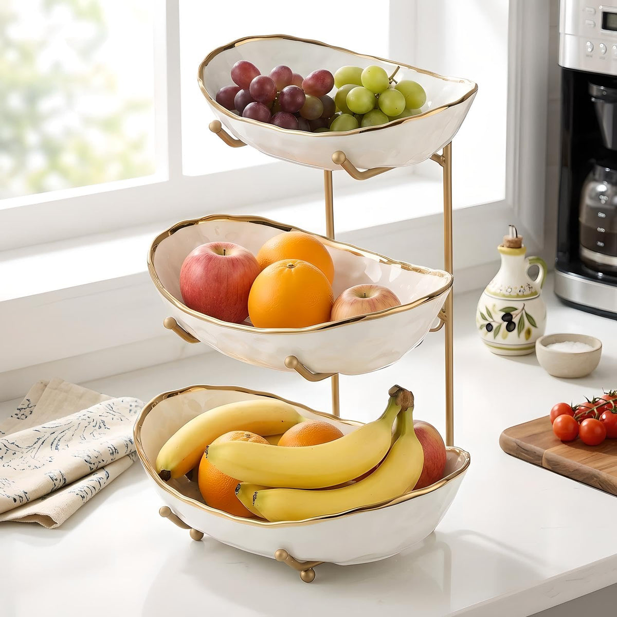 White 3 Tier Ceramic Fruit Bowl with Metal Holder J1127