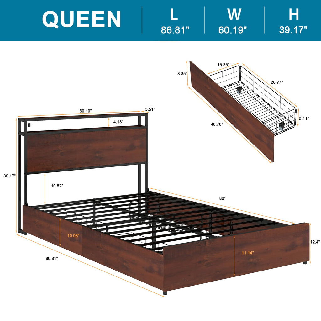 Queen Size Bed Frame with 4 Storage Drawers G671