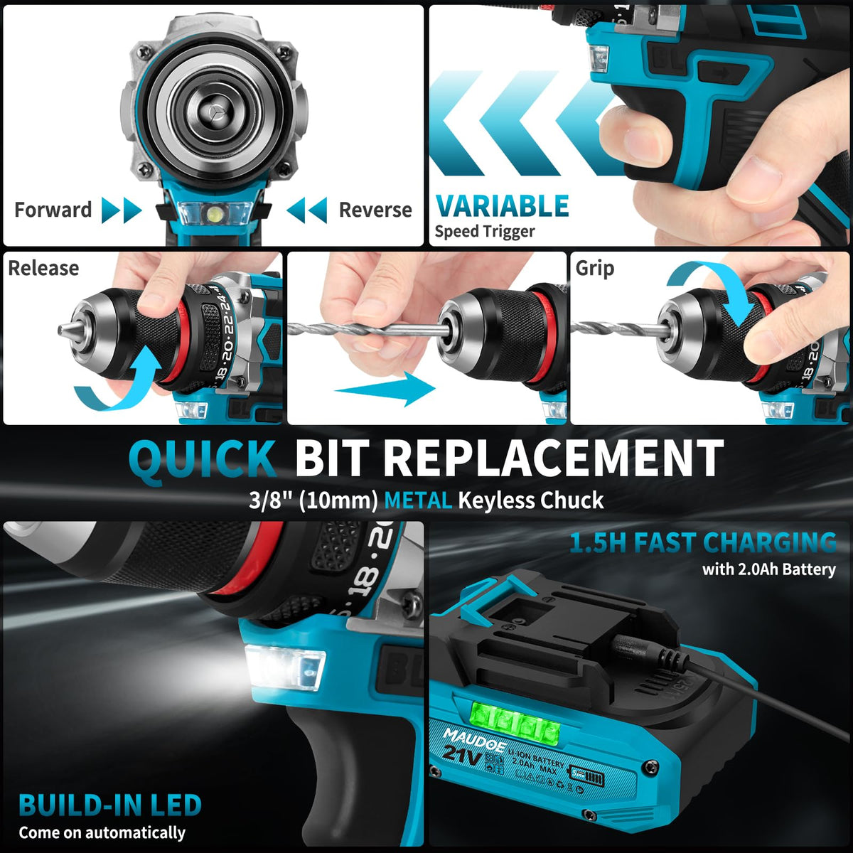 21V Brushless Cordless Drill with 2 Batteries & Charger V6460