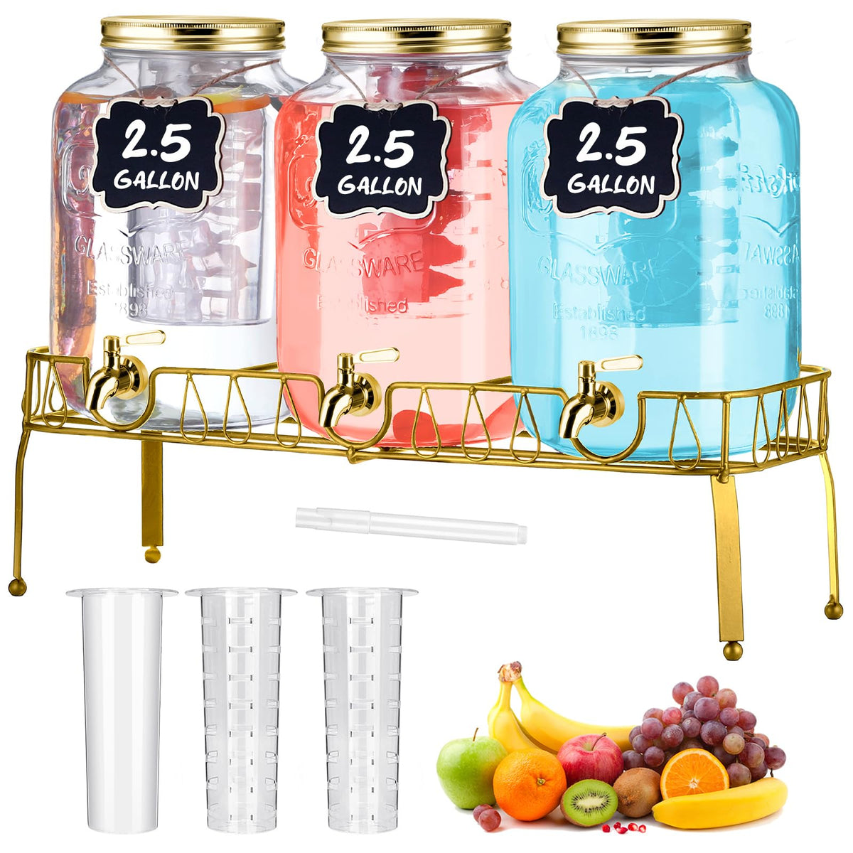 3 Pcs 2.5 Gallon Glass Beverage Dispensers with Stand Y2293