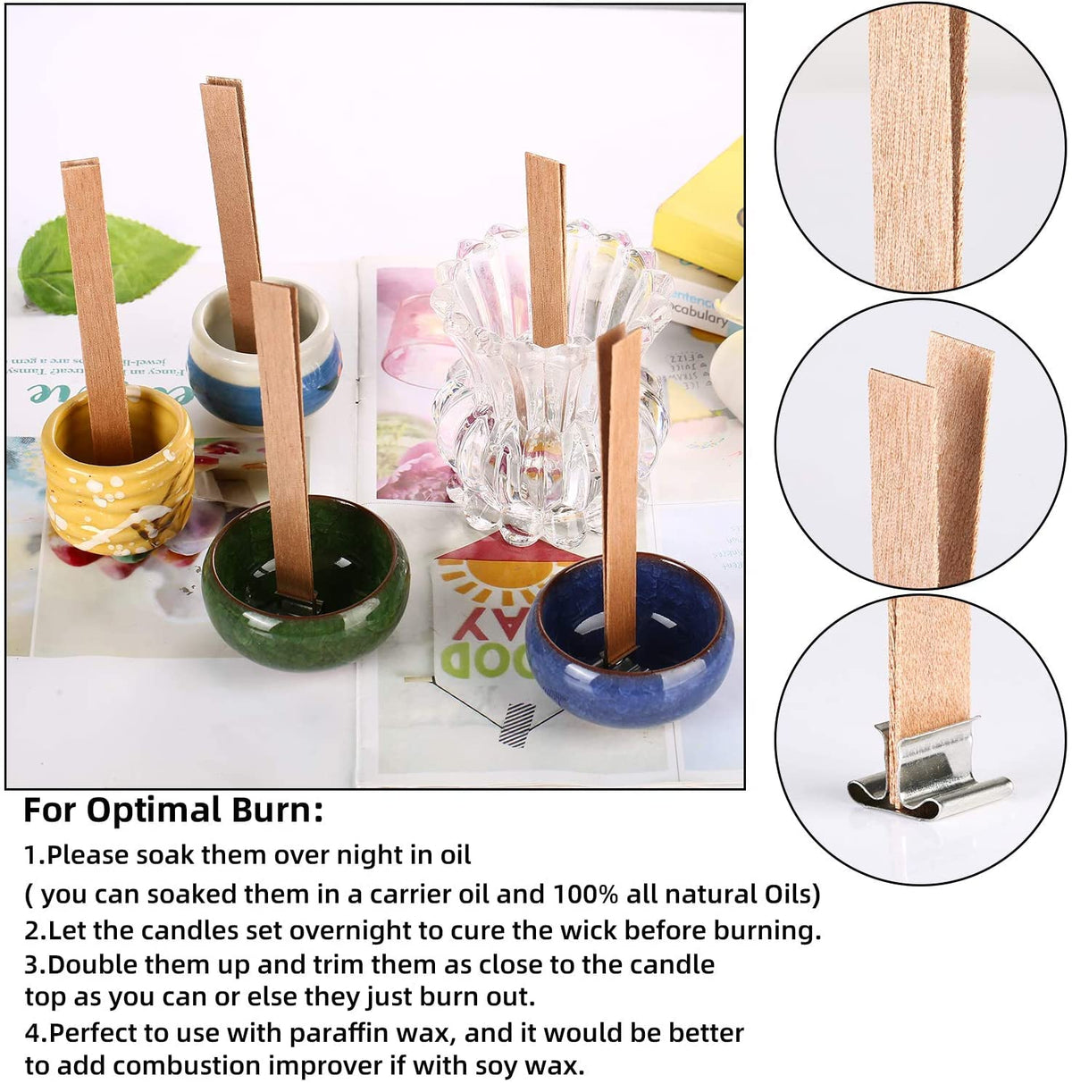 100 pcs 6 inch Wooden Candle Wicks with Metal Base Clip Y134111