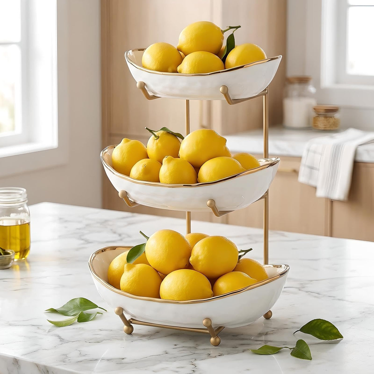 White 3 Tier Ceramic Fruit Bowl with Metal Holder J1127