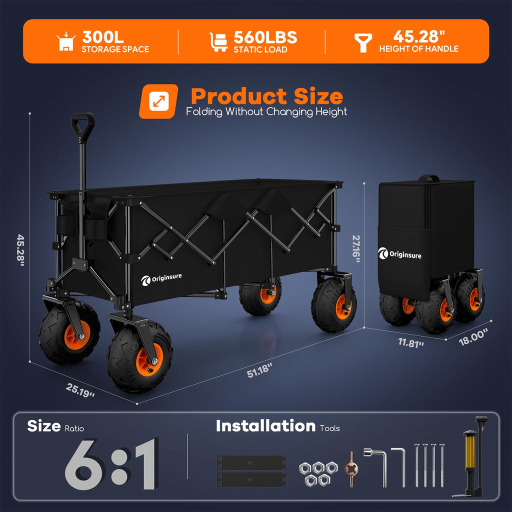Foldable Beach Wagon with Big Balloon Wheels, 560lbs, Black G582