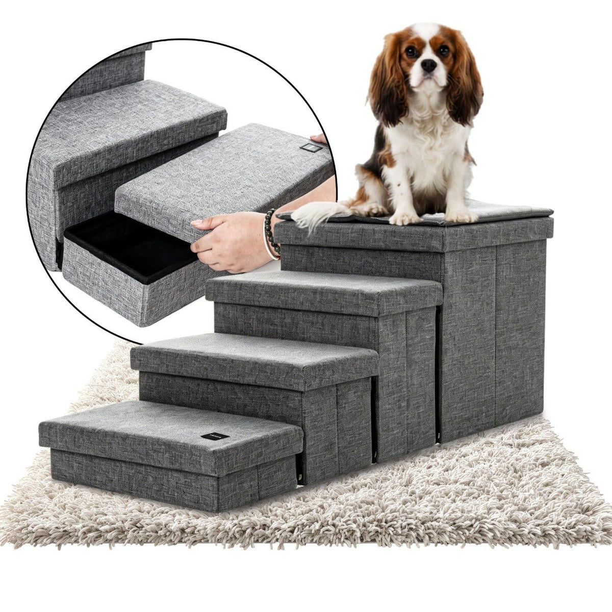Foldable Grey 4 Steps Dog Stairs with Cushion E517548