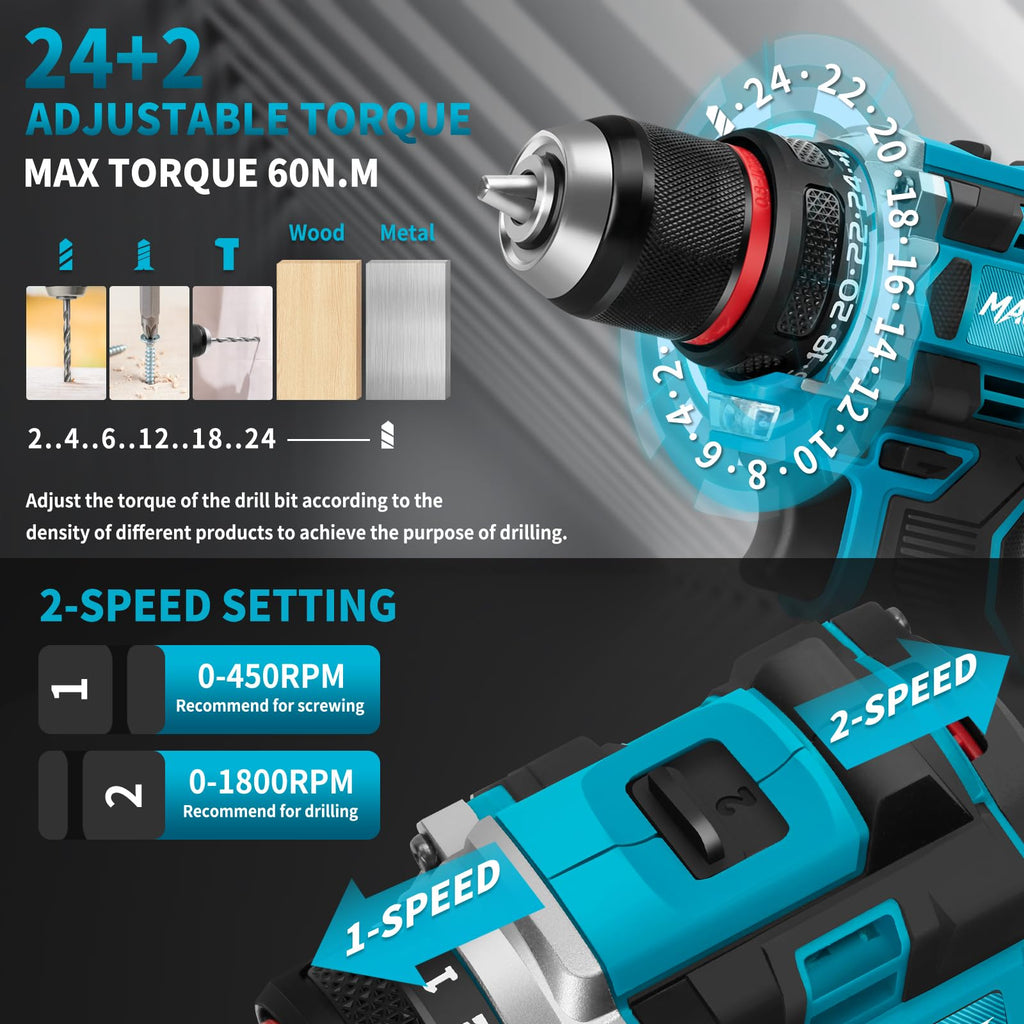 21V Brushless Cordless Drill with 2 Batteries & Charger V6460