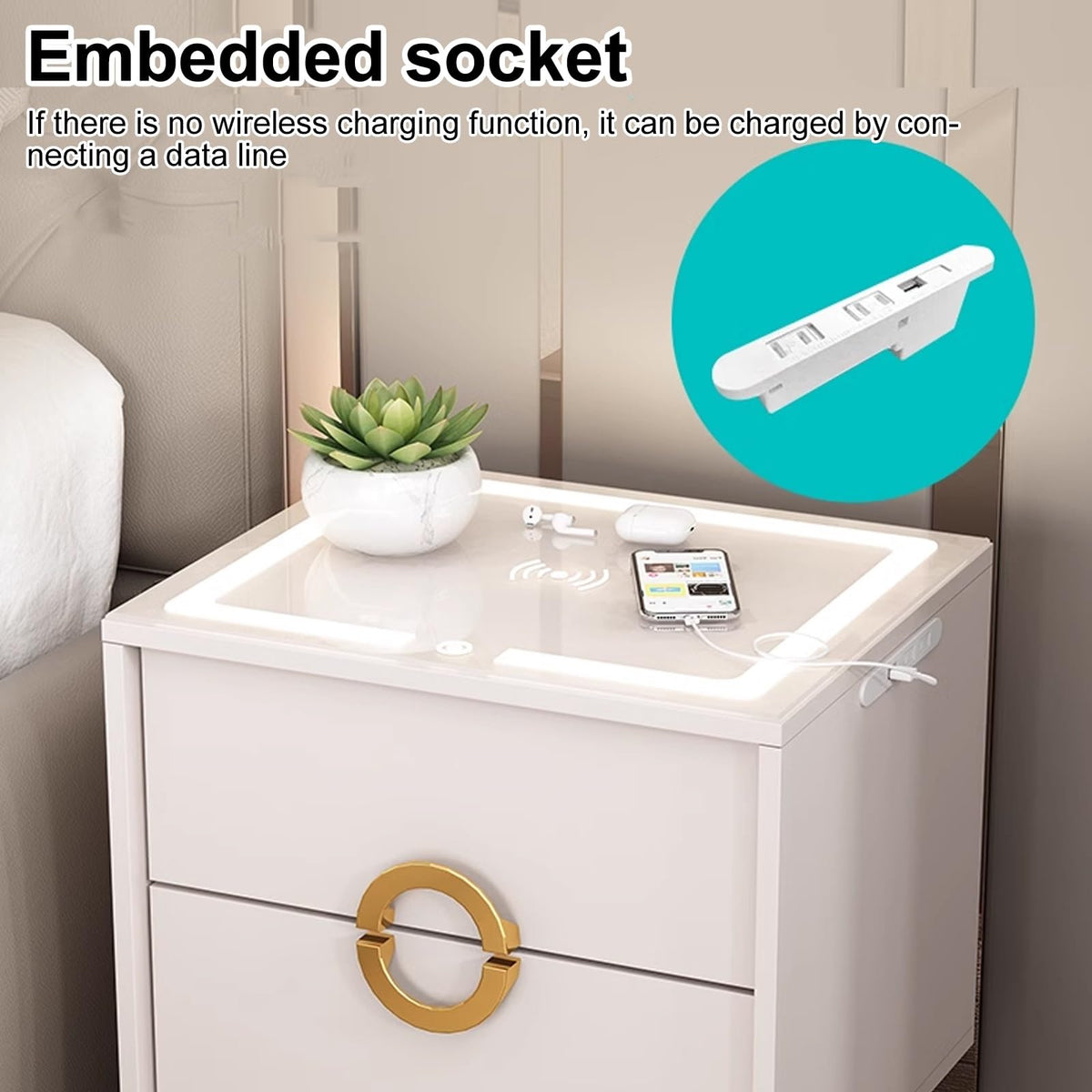 Smart Nightstand with Wireless Charging Station and 3 Colors Led Lights Y5256