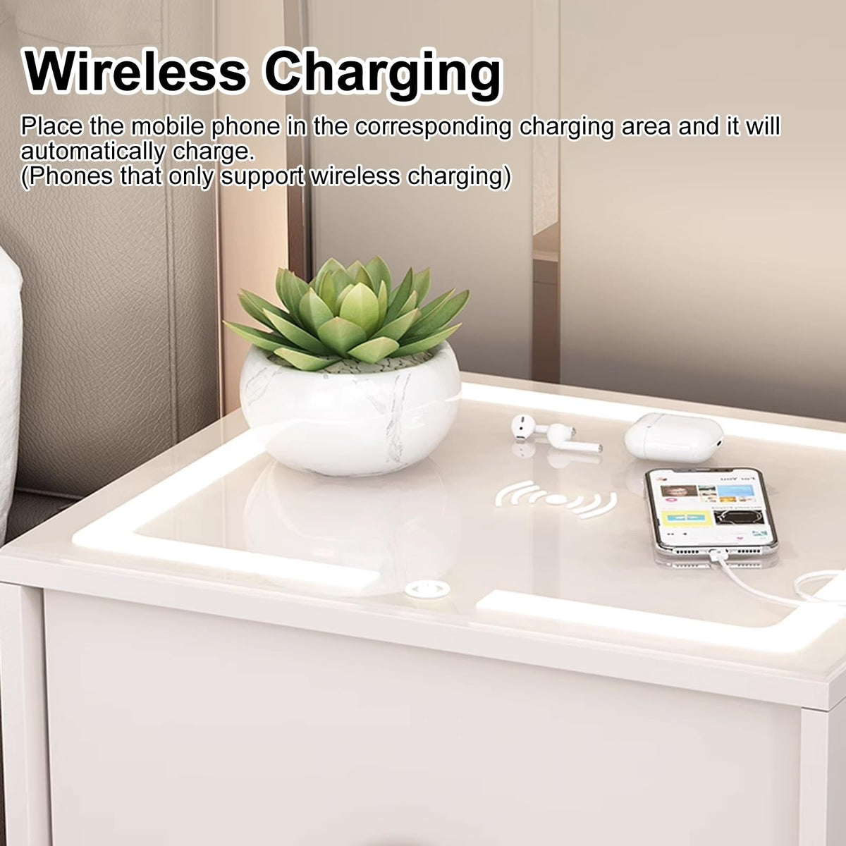 Smart Nightstand with Wireless Charging Station and 3 Colors Led Lights Y5256