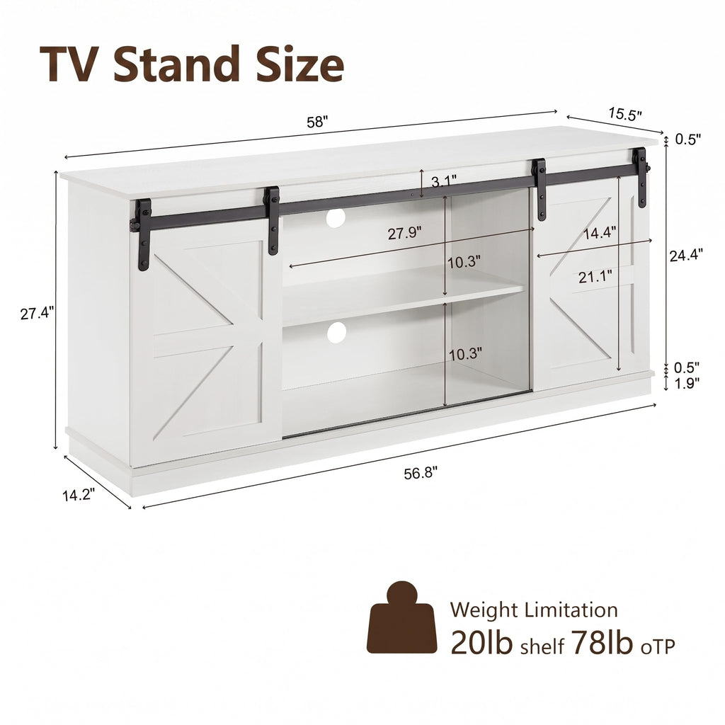 White 58'' TV Stand with Sliding Barn Doors M2963
