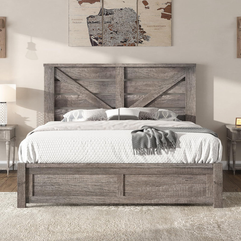 Gray Full Size Bed Frame with Barn Door Headboard U228