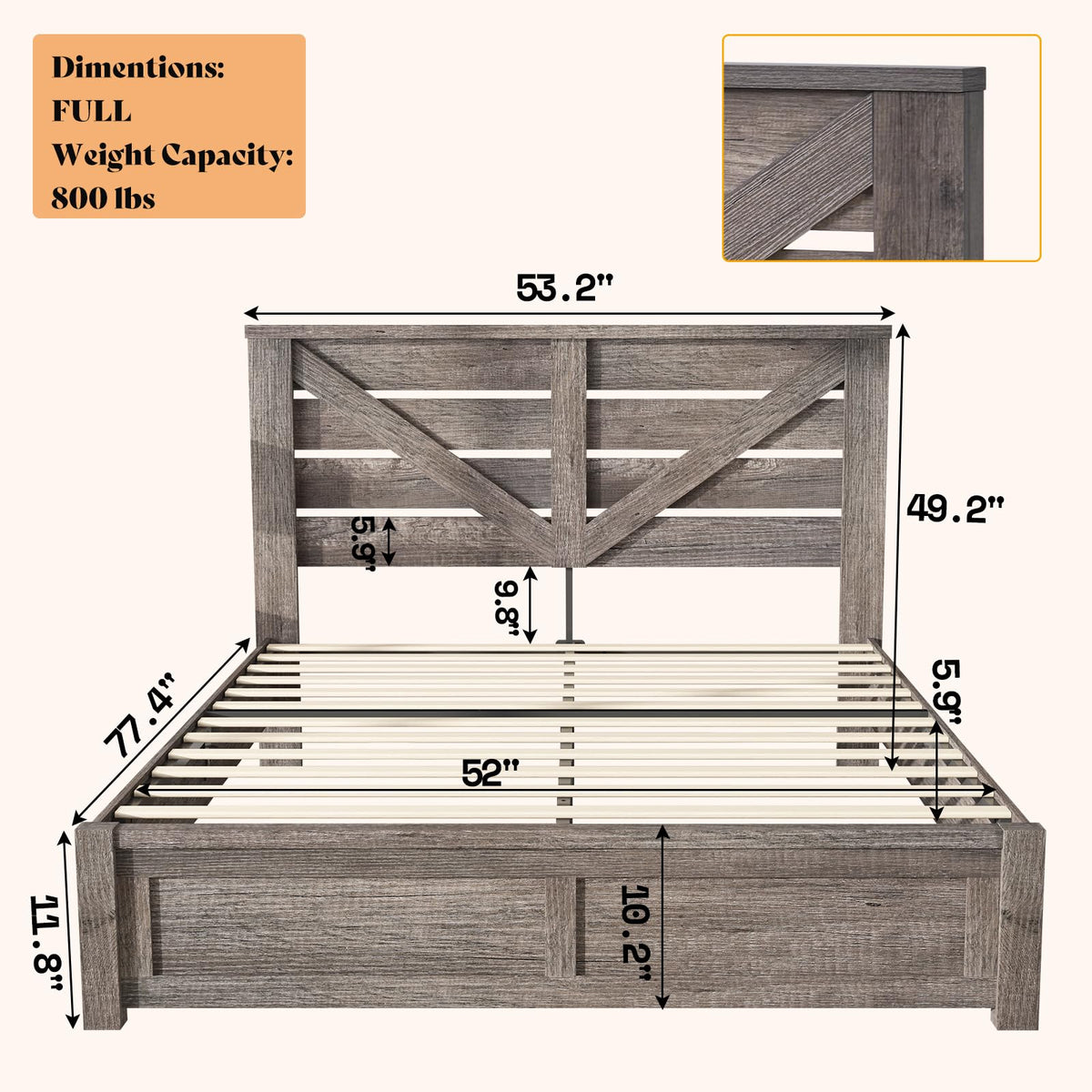 Gray Full Size Bed Frame with Barn Door Headboard U228