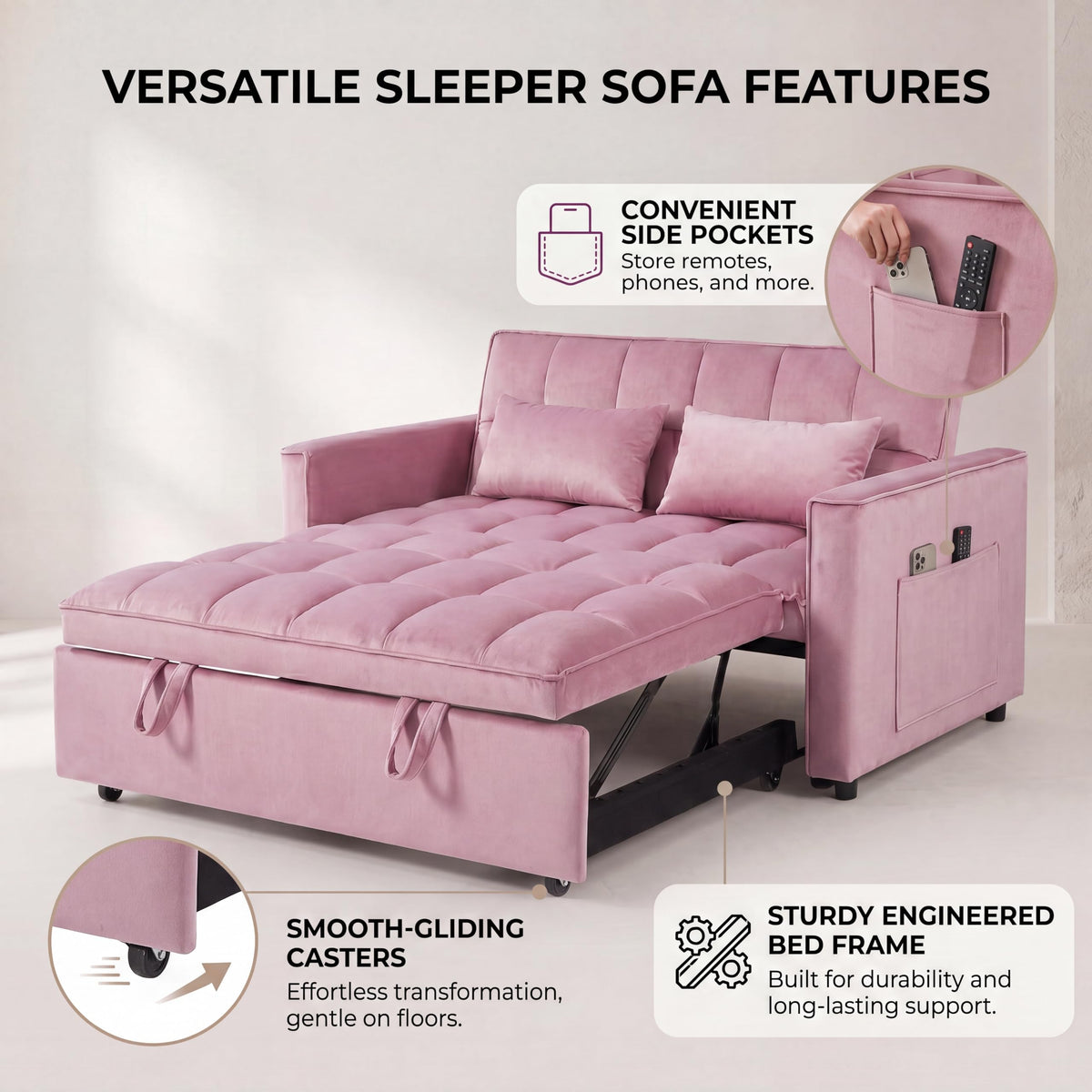 Pink Velvet Convertible Sleeper Sofa Bed Z4761
