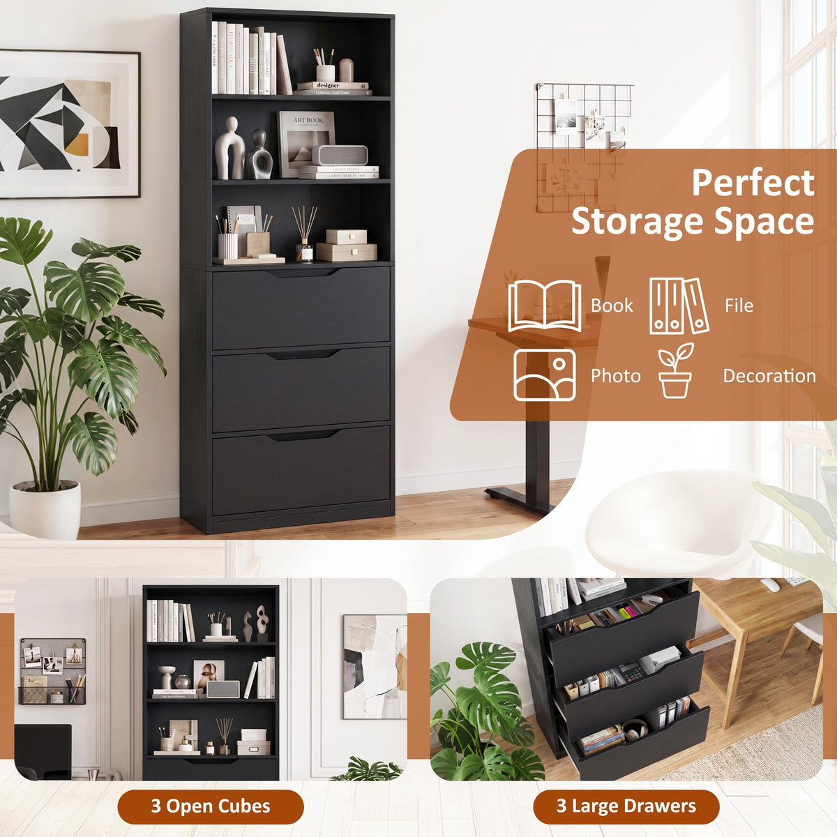 71” Tall Wood Bookshelf with 3 Drawers X828765