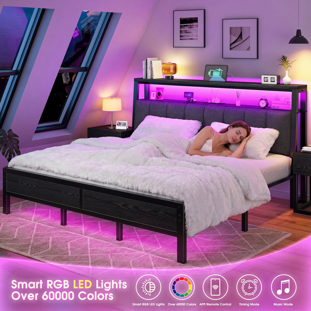 King Bed Frame with Charging Station Black E4727
