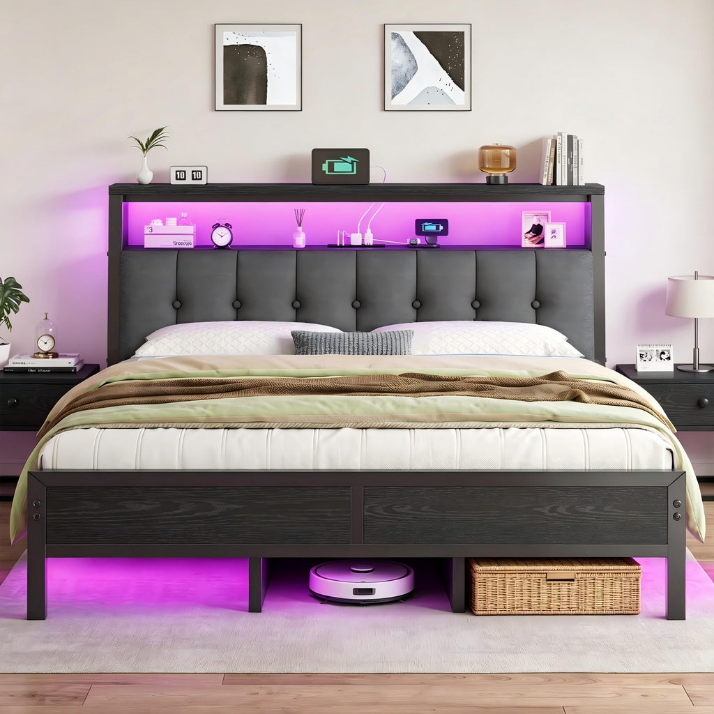 King Bed Frame with Charging Station Black E4727