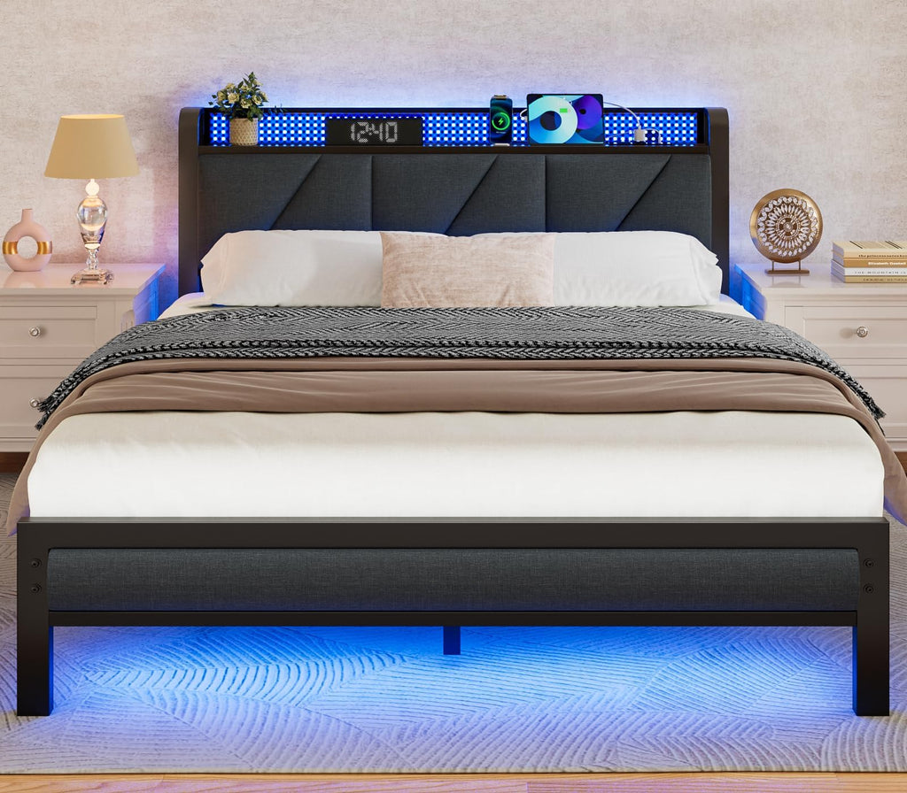Full Size Bed Frame with Storage Shelf and Upholstered Headboard V111